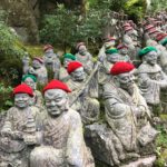 Buddha statues wearing red and green hats in Hiroshima